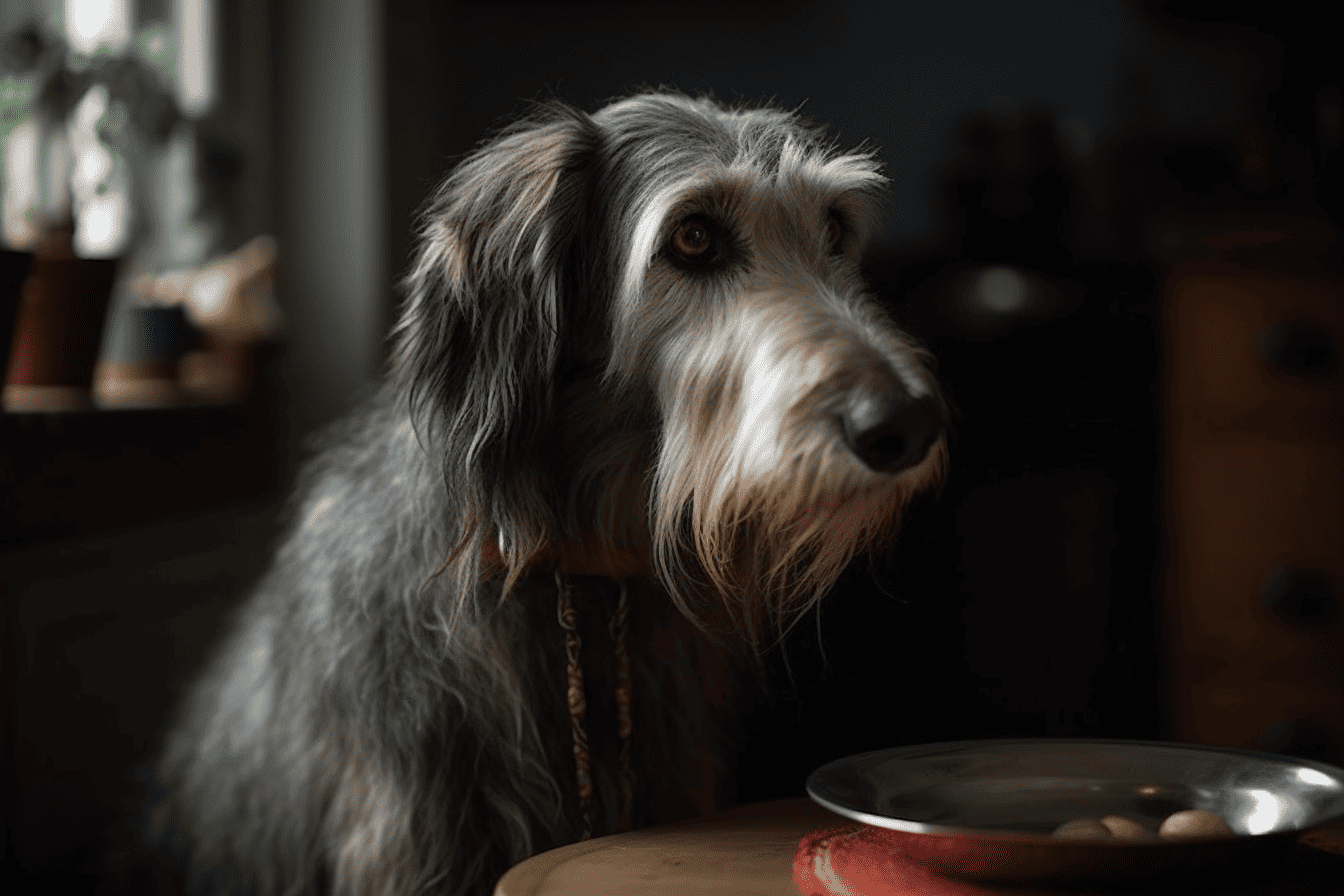 Dog waiting patiently for its meal, sitting calmly by a food bowl in a warm home environment.