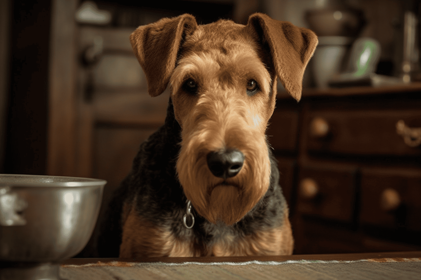 Dog with attentive expression, sitting indoors.