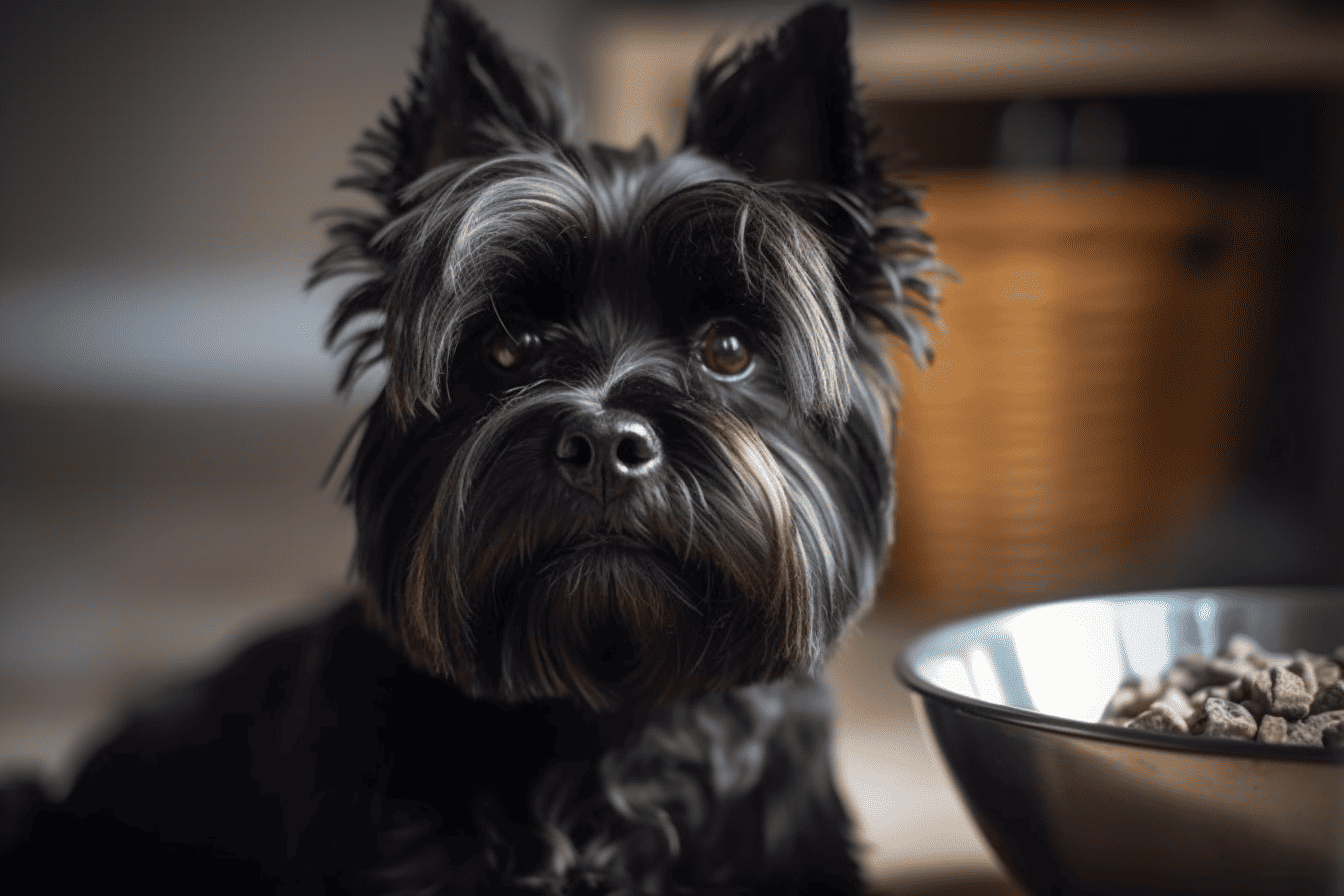 Dog with black fur and expressive eyes looking at the camera near a bowl of dog food.