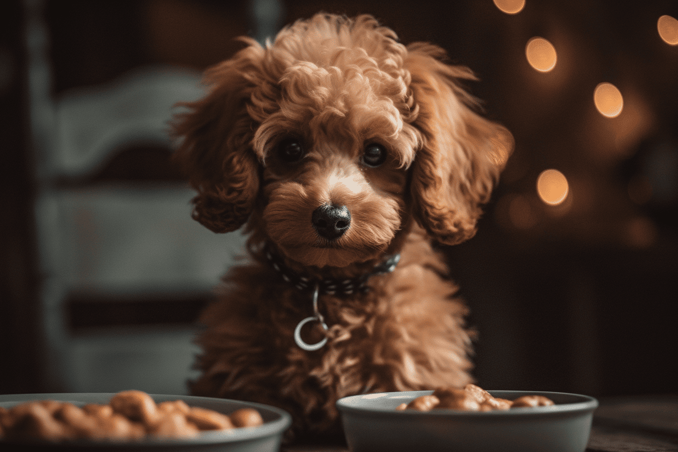 Cute brown puppy with food bowls, indoor cozy home environment, pet feeding time.