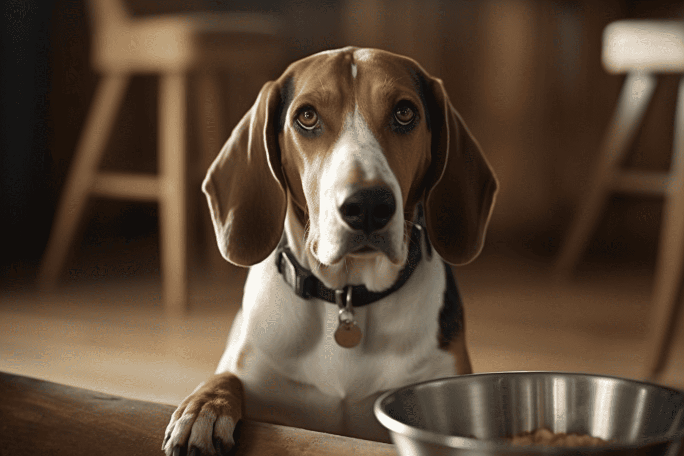 Adorable dog waiting for food, sitting by stainless steel bowl inside cozy home.