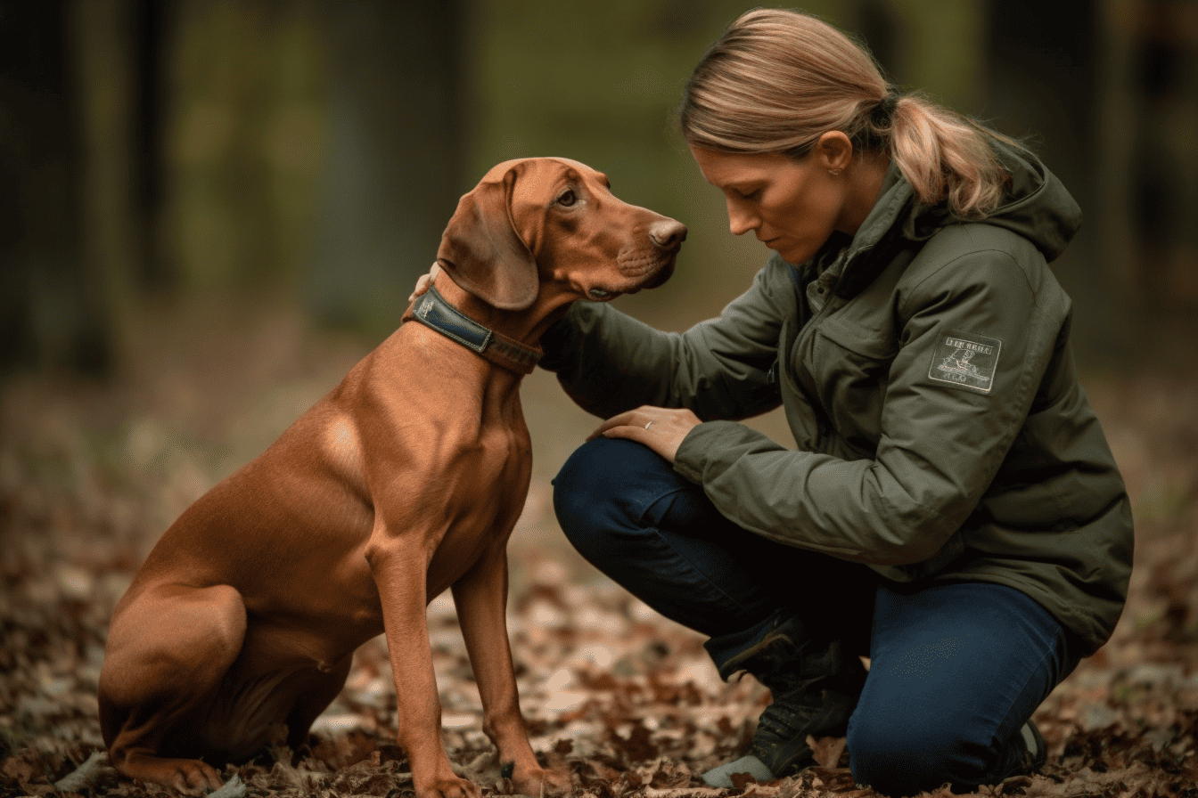 Dog and woman sharing a close moment in a forest setting.