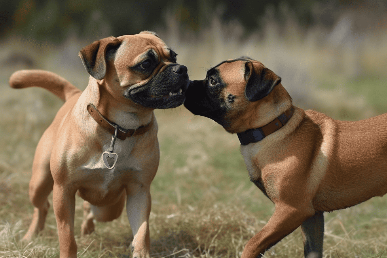 Adorable puppies sharing a moment outdoors, showcasing socialization and companionship.