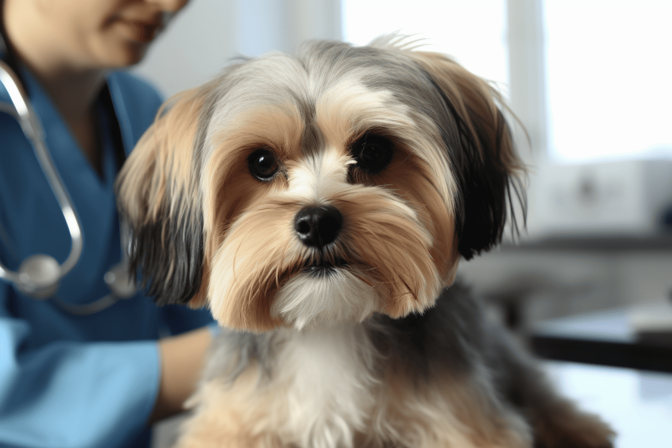 Friendly dog at vet visit.
