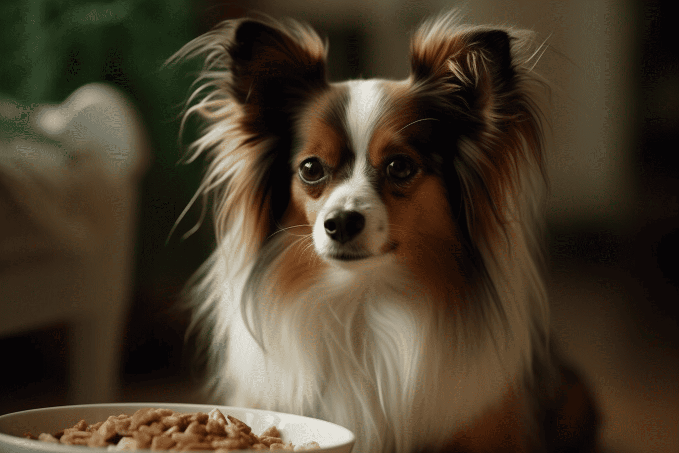 Friendly Australian Shepherd with food bowl, happy and playful dog ready for a meal.