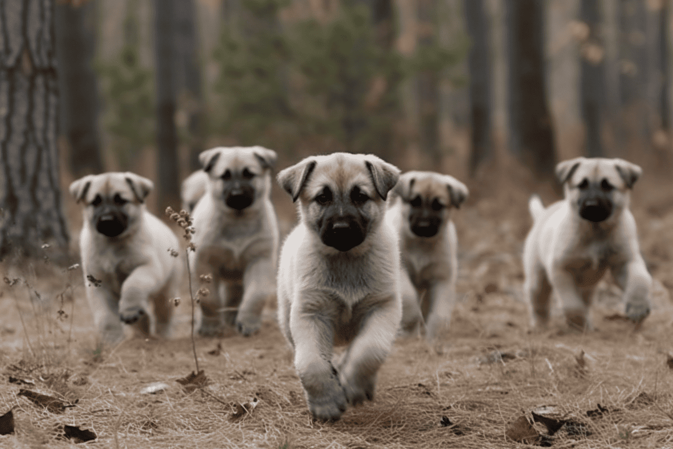 Adorable puppies sprinting through a forest, showcasing playful energy.