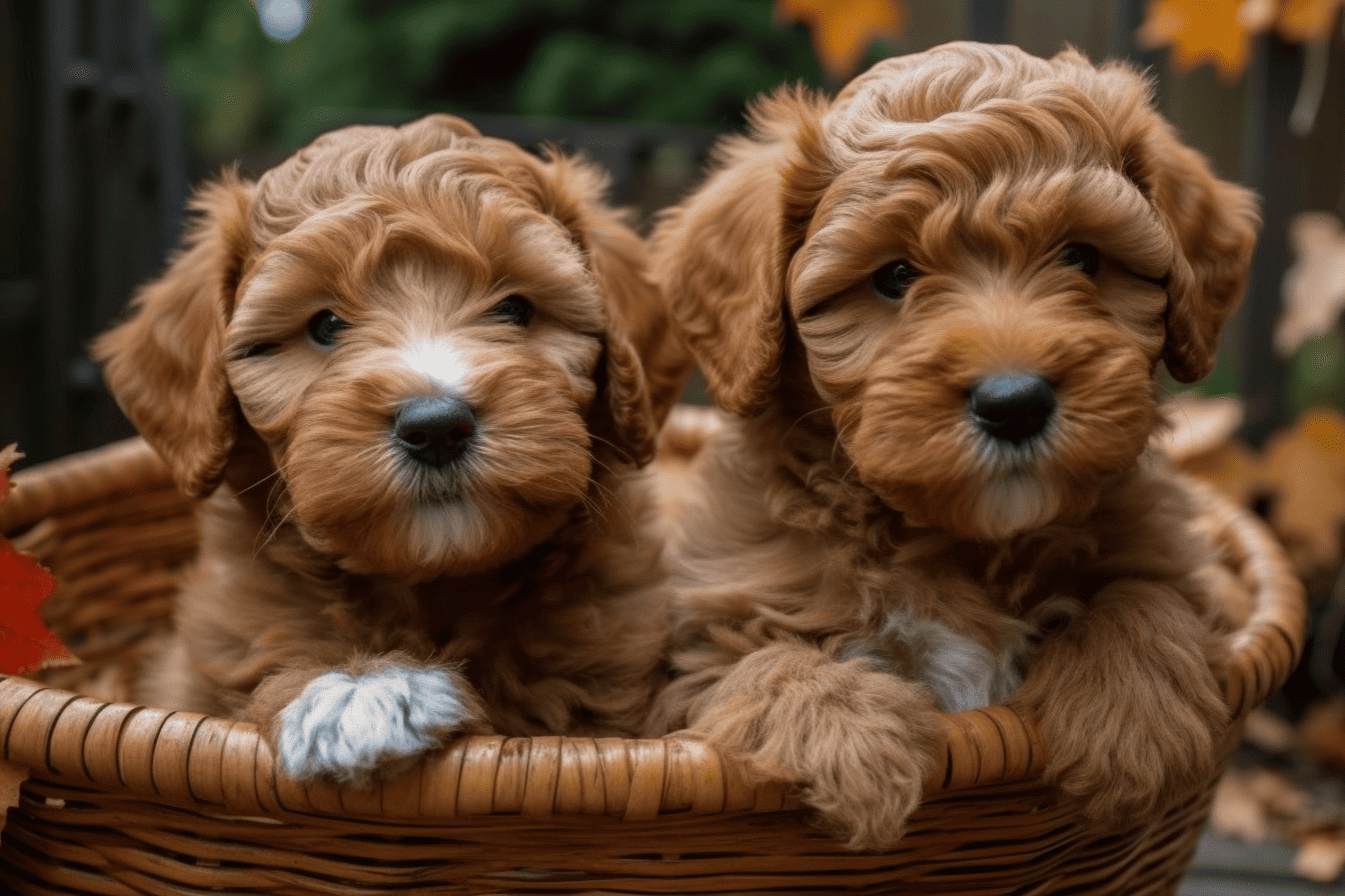 Adorable puppies in a cozy basket, perfect for dog lovers and pet care enthusiasts.