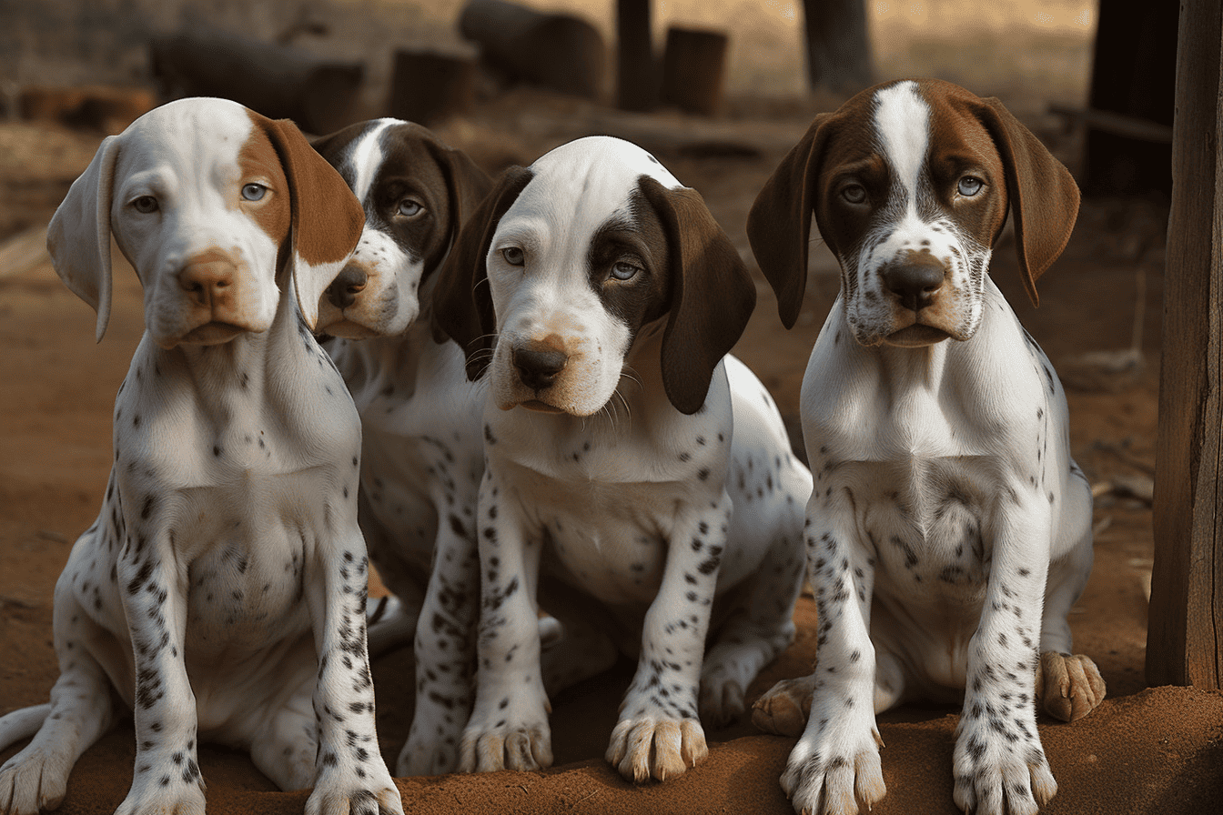 Cute Dalmatian puppies with distinctive spots and expressive eyes, sitting comfortably on dirt ground.