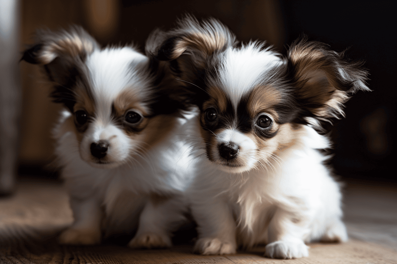 Adorable Chihuahua puppies with silky fur in a cozy indoor setting.