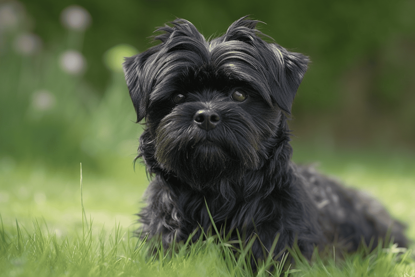 Adorable black terrier dog lying on grass with blurred green background, showcasing playful and loyal pet companionship.