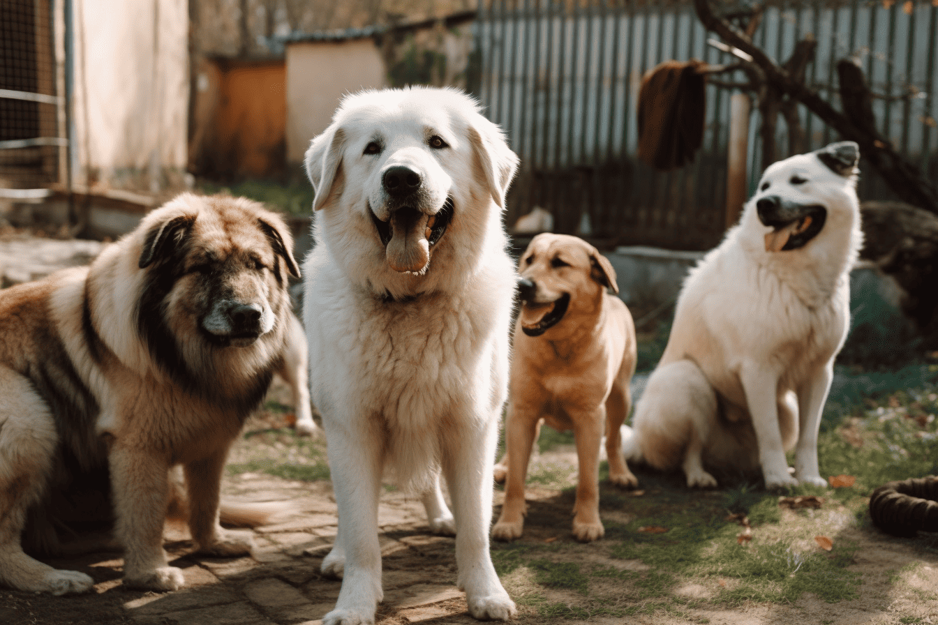 High-quality image of happy dogs enjoying playtime outdoors in a backyard setting.