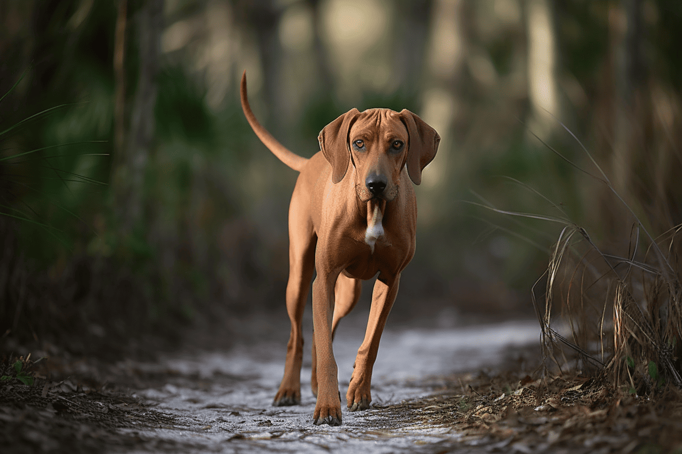 Dog walking in wooded area during daytime.