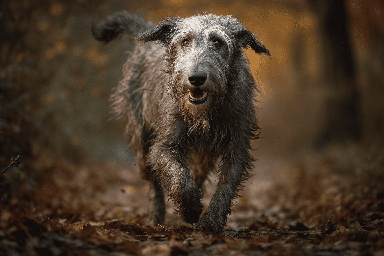 Dog running on trail in autumn leaves, dog fitness, playful dog, outdoor dog activity, pet exercise.