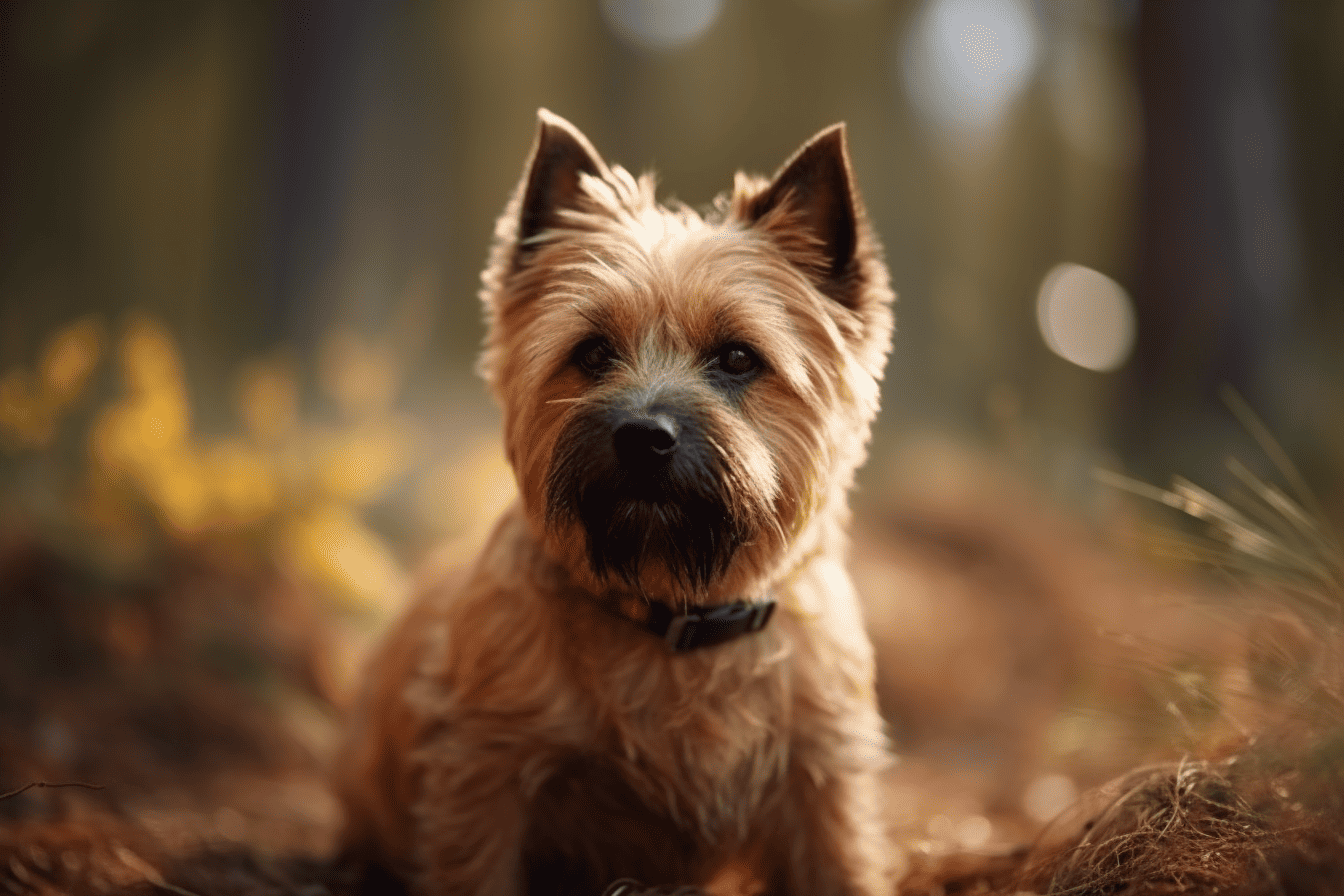 Cute dog portrait of a Yorkshire Terrier outside in natural light, with a blurred forest background.