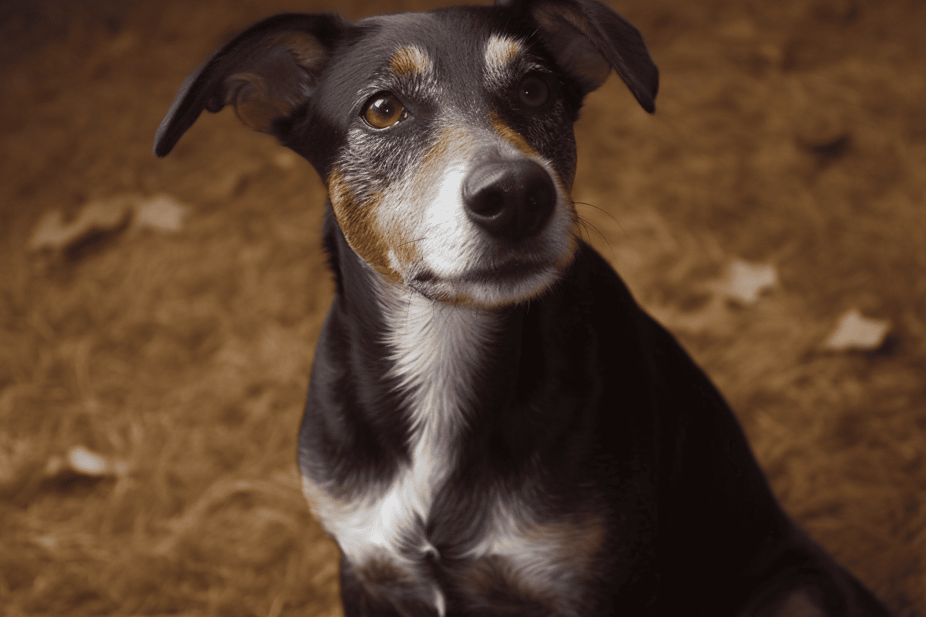 Cute mixed breed dog with expressive eyes, sitting on earthy ground, looking curiously at the camera.