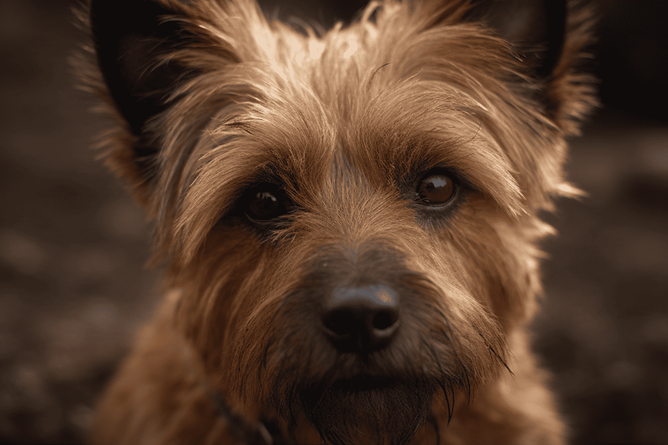 Close-up of a cute dog’s face with expressive eyes.