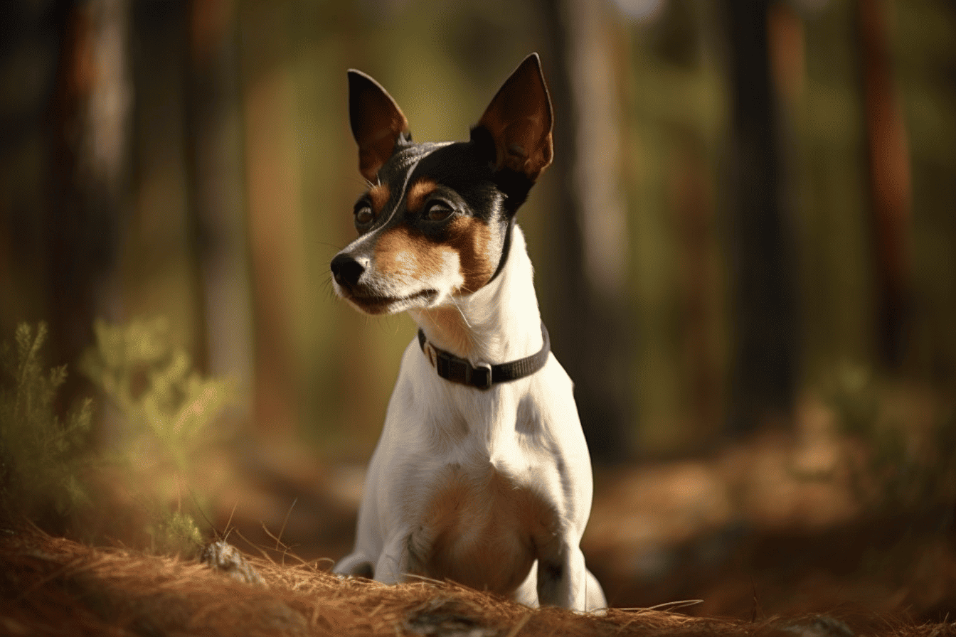 Dog on woodland trail, exploring nature.
