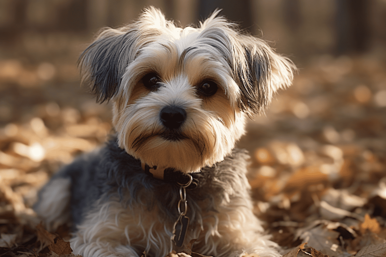 Cute small dog with fluffy coat on fall ground, ideal for pet grooming and adoption articles.