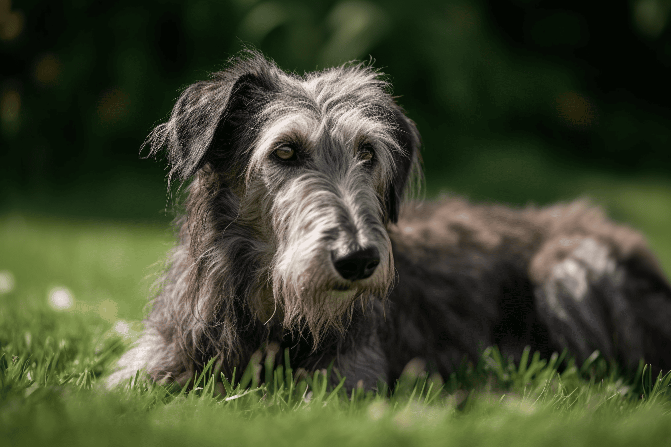 Dog lying on lush green grass in outdoor park scene.