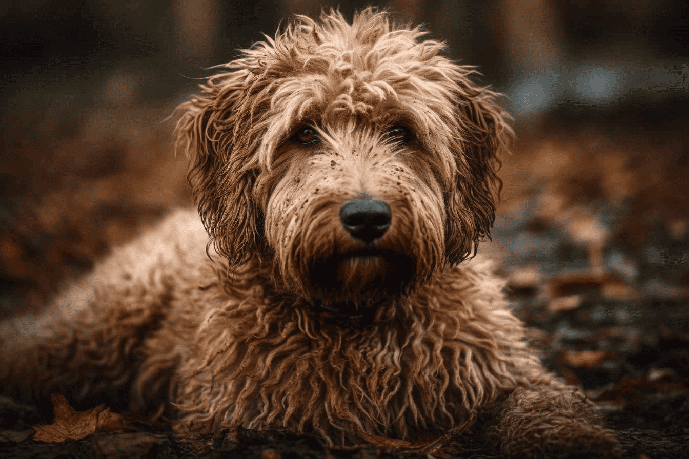 Close-up of a Labradoodle, a friendly and playful dog breed, relaxing on the ground in a natural setting.