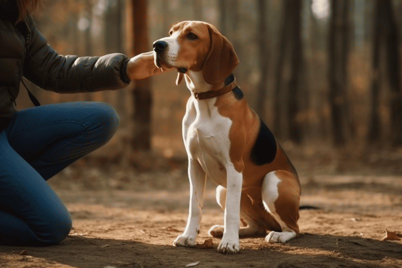 Alpaca dog sitting calmly during outdoor training session.