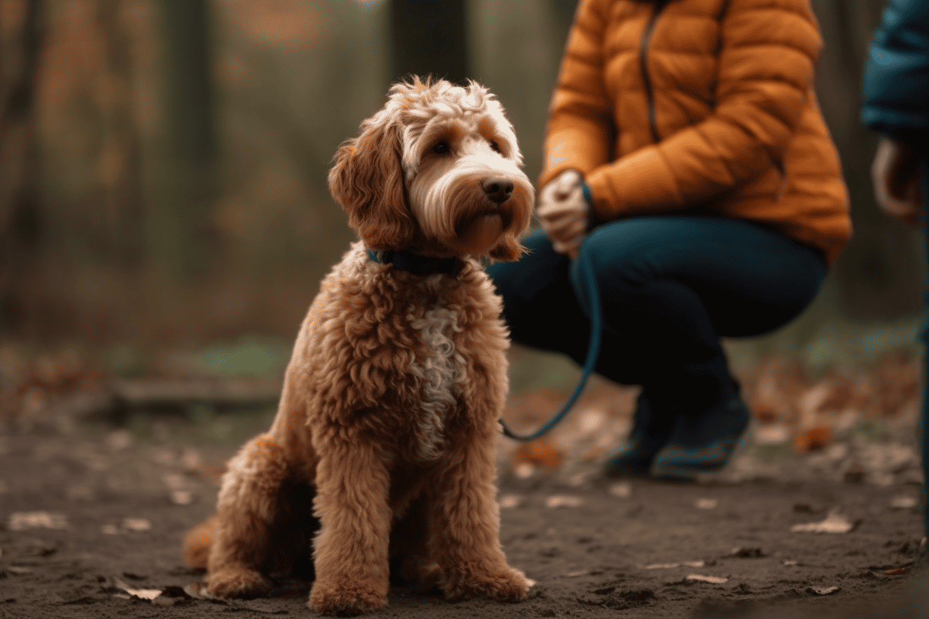 Dog sitting attentively outdoors in a wooded park, with owner nearby, during a fall hike.