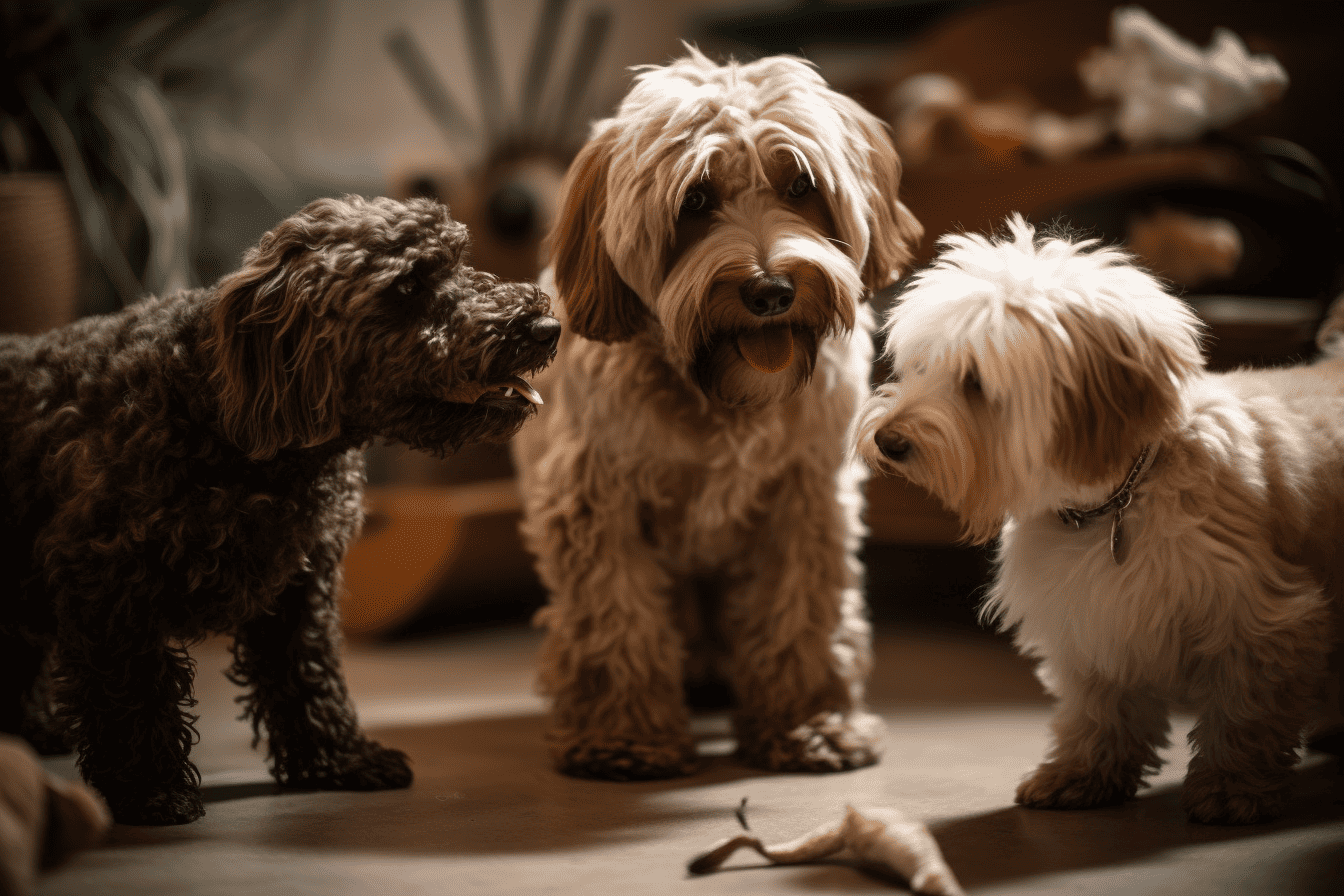 Adorable puppies engaging in playful interaction on a wooden floor, showcasing their fluffy coats.