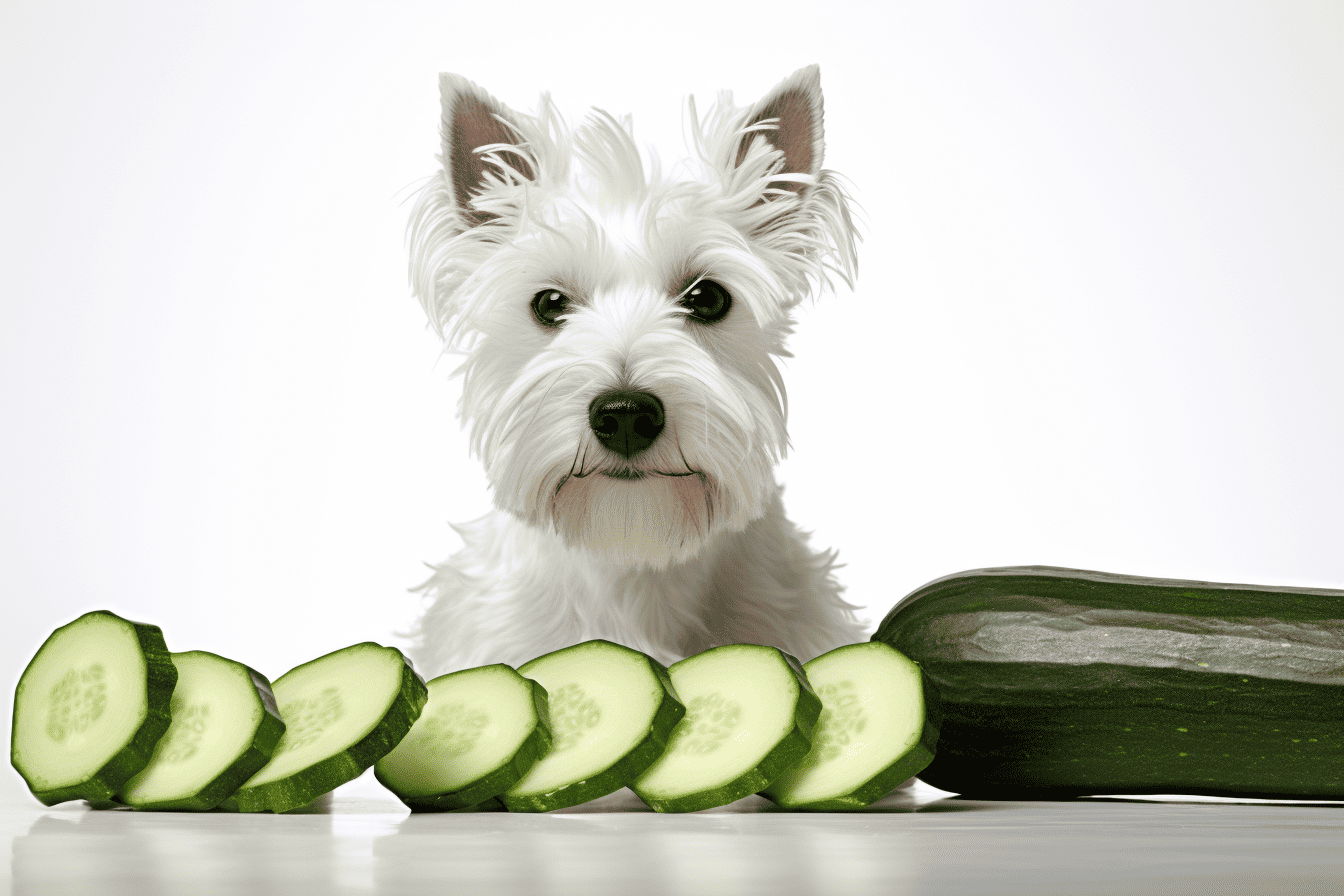 Cute dog with cucumber slices and whole cucumber, promoting healthy pet diet options.