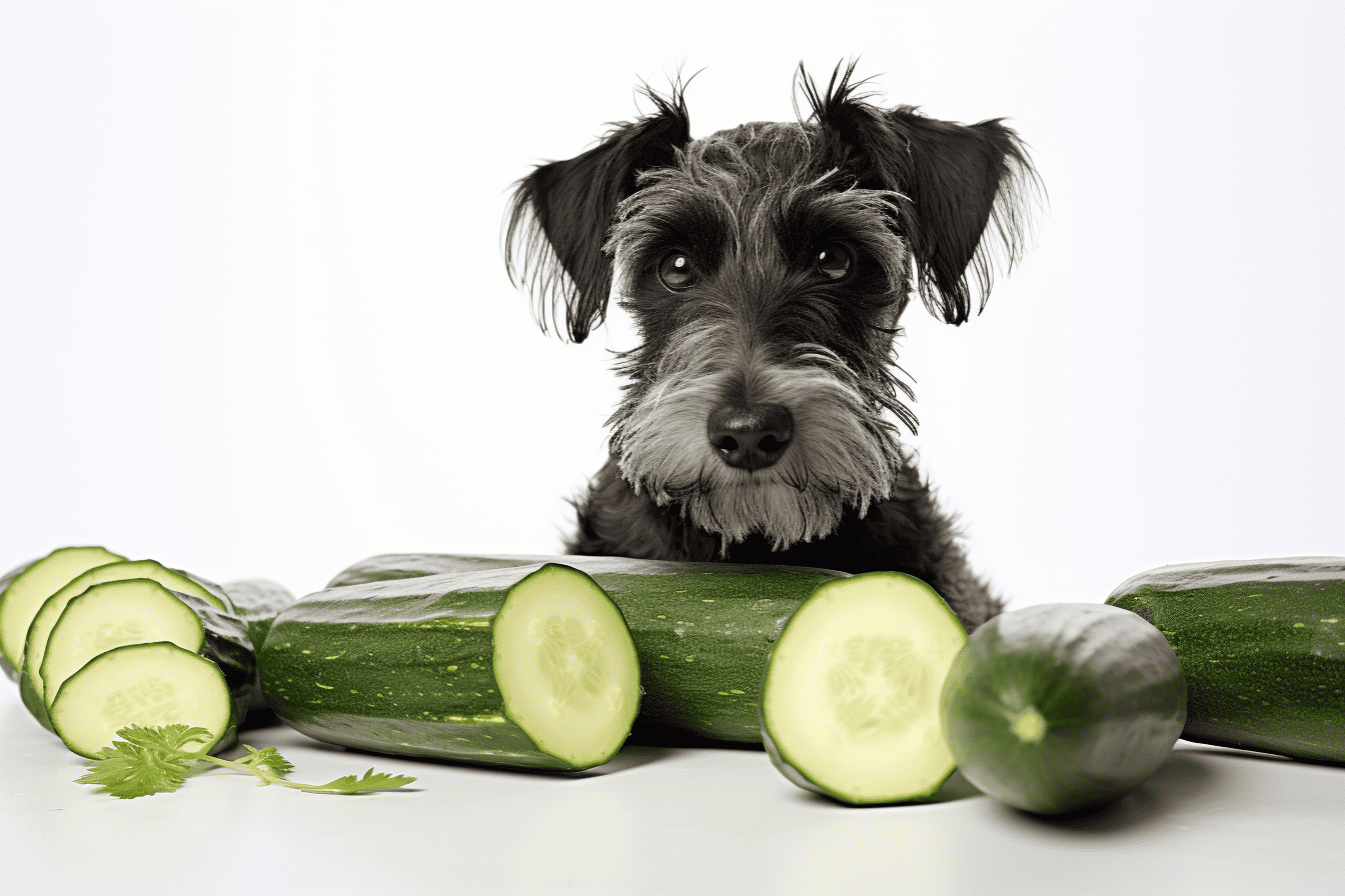Cute dog with cucumbers and cilantro for pet health snacks.