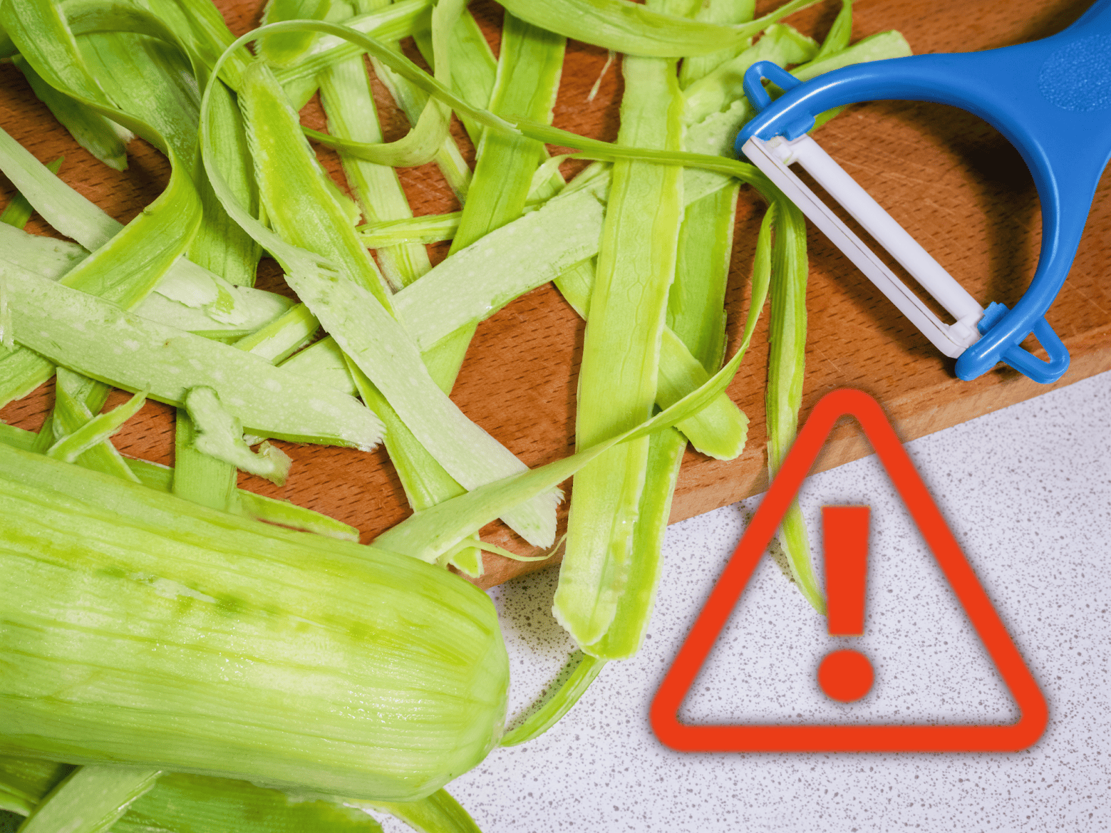 Pet danger from green vegetable peels with caution sign.