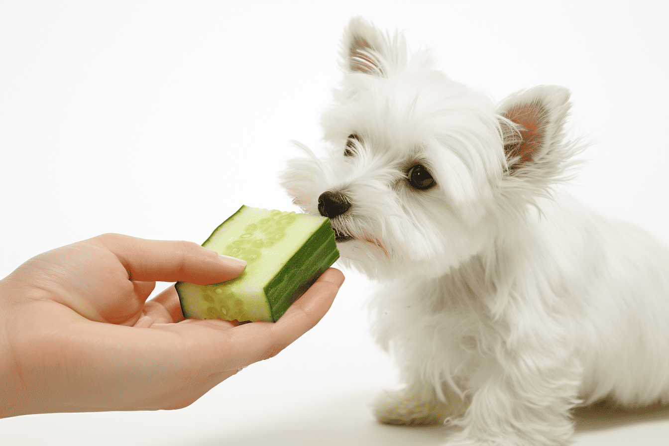 Dog eating cucumber healthy treat for pets.