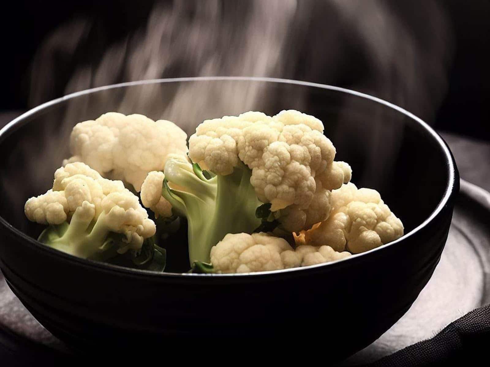 Fresh steamed cauliflower florets in a black bowl, healthy vegetable packed with nutrients and fiber.