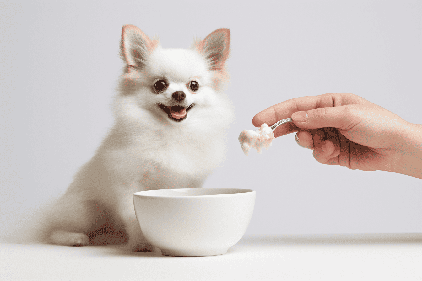 Small white dog being fed with spoon, bowl for dog food, bright minimal background.