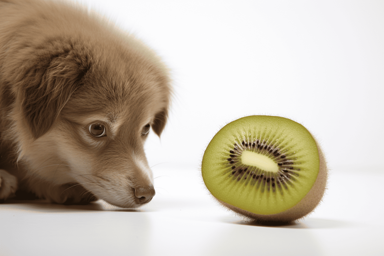 Playful puppy and fresh kiwi fruit for healthy treats or snacks.