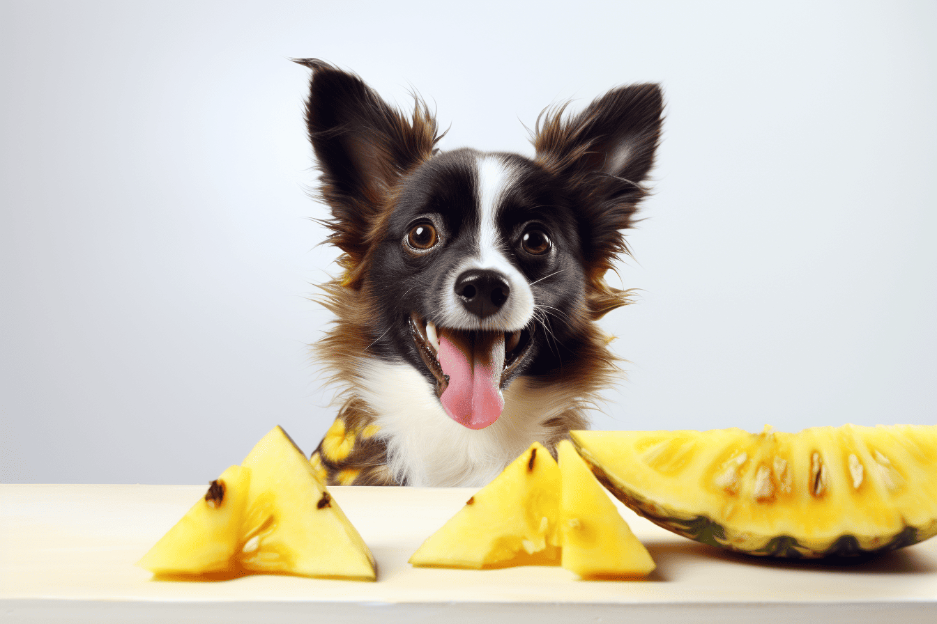 Cute dog with pineapple slices.
