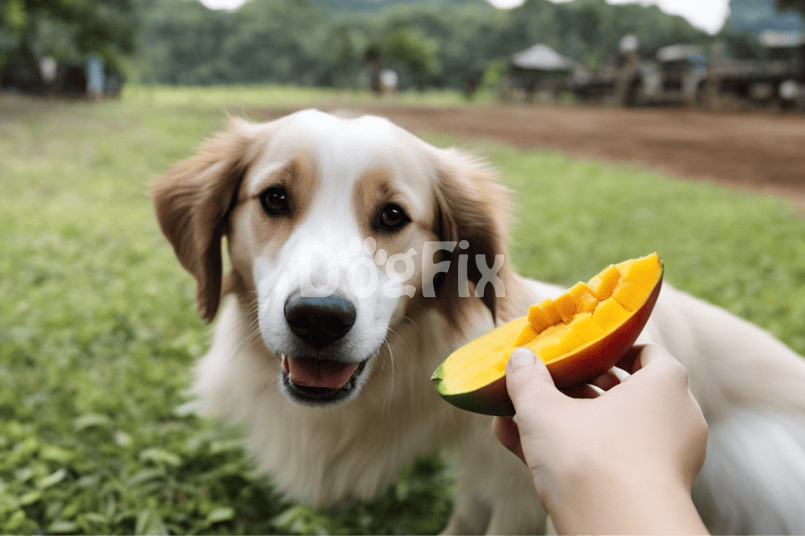 Dog with happy expression receiving fresh mango treat in green field.