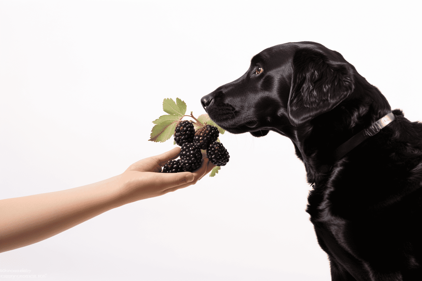 Dog sniffing blackberries from a person's hand, healthy snacks for dogs, natural dog treats, pet nutrition tips.