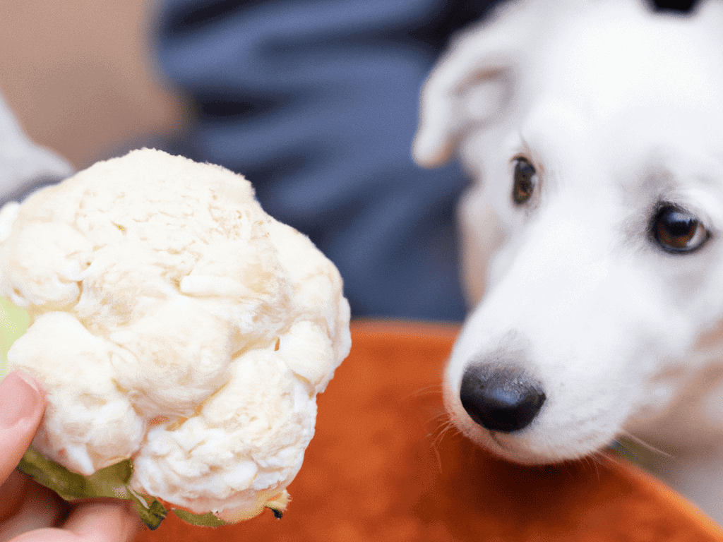 Cute puppy curious about cauliflower treat.
