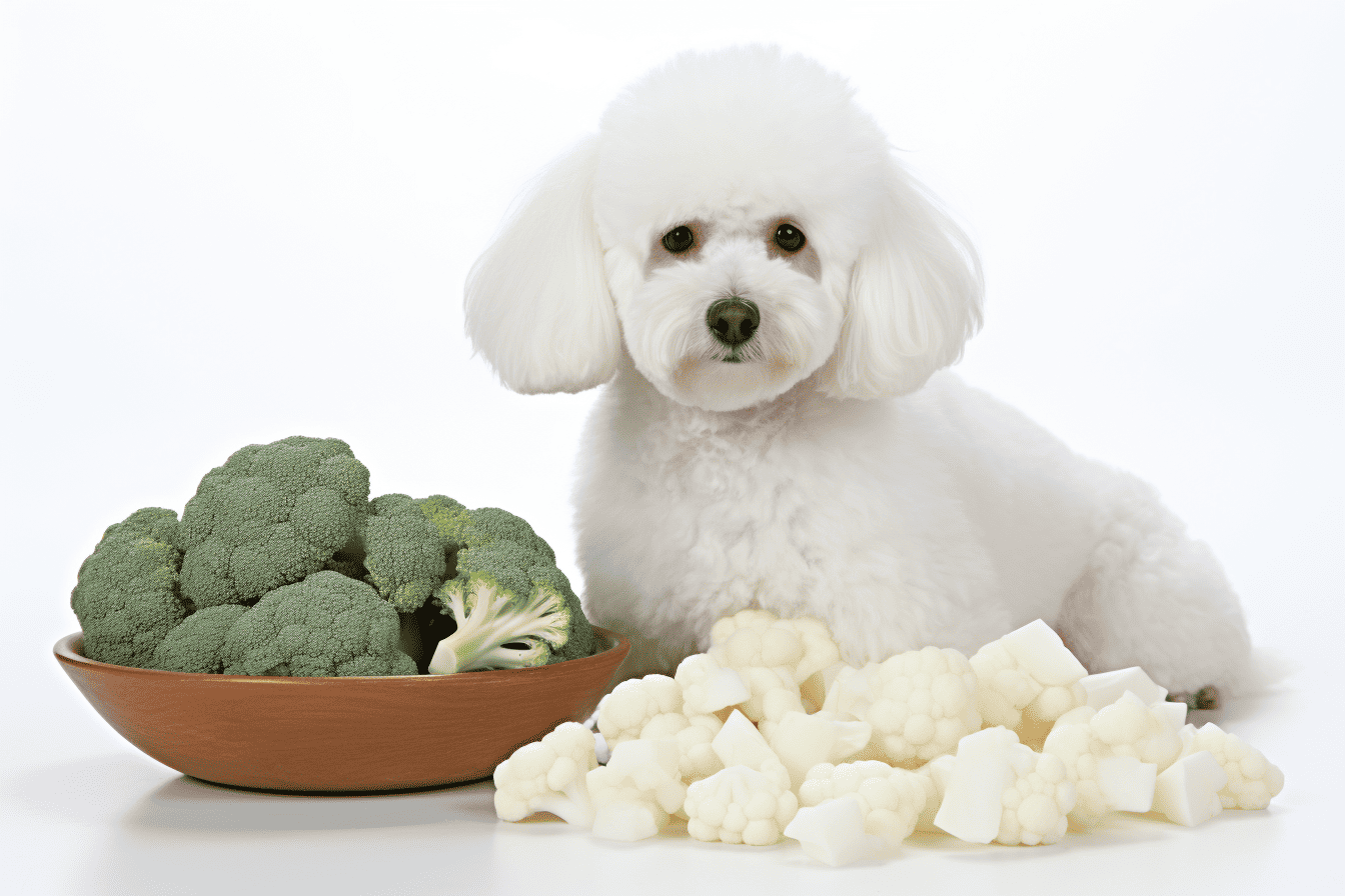 Dog with broccoli and cauliflower, healthy vegetable treats for dogs, adorable poodle with fresh produce.