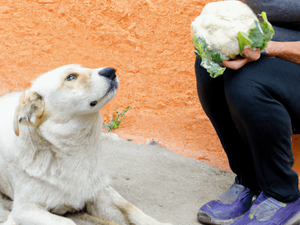 Dog being fed fresh vegetables, owner offers cauliflower and greens outdoors.