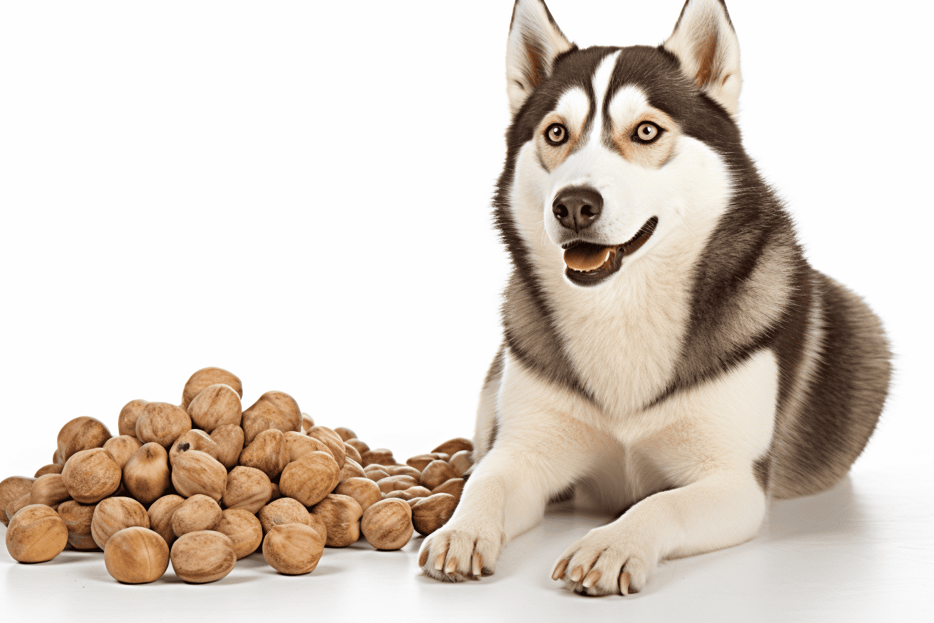 Husky with hazelnuts for healthy treats and nutrition.
