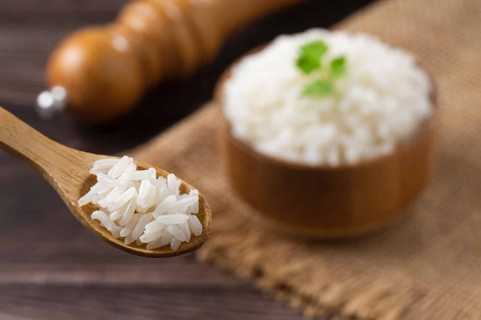 Dogs-friendly cooked rice in a wooden bowl on rustic surface. Perfect for dog diets and serving tips.