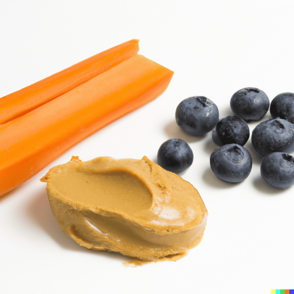 Healthy dog treat ingredients with blueberries, peanut butter, and carrots. Perfect for nutritious dog snacks and training treats.