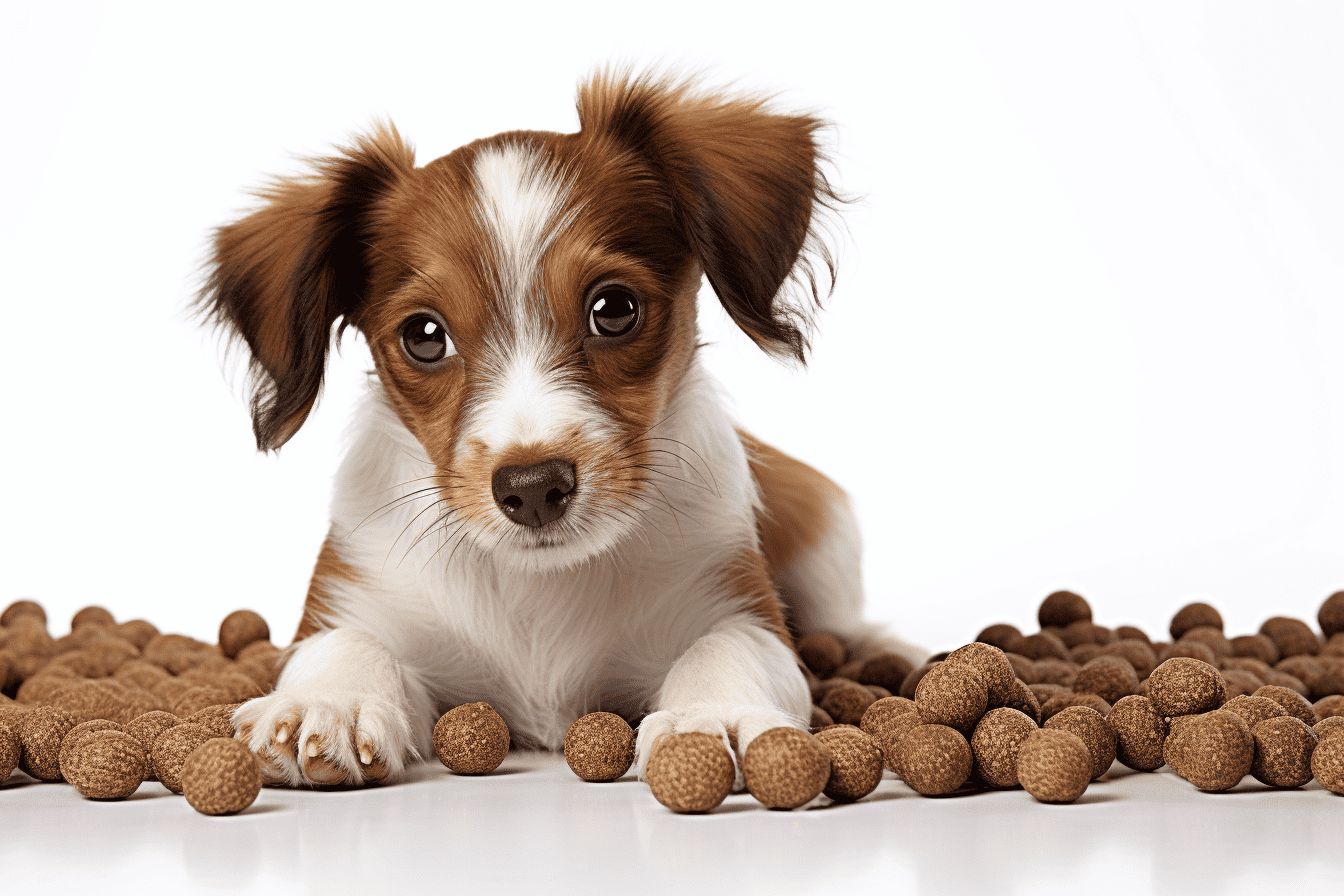 Adorable puppy lying on scattered kibble with white background.