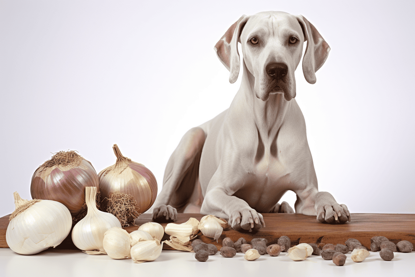 Cute dog with garlic and onions for cooking or vet care.