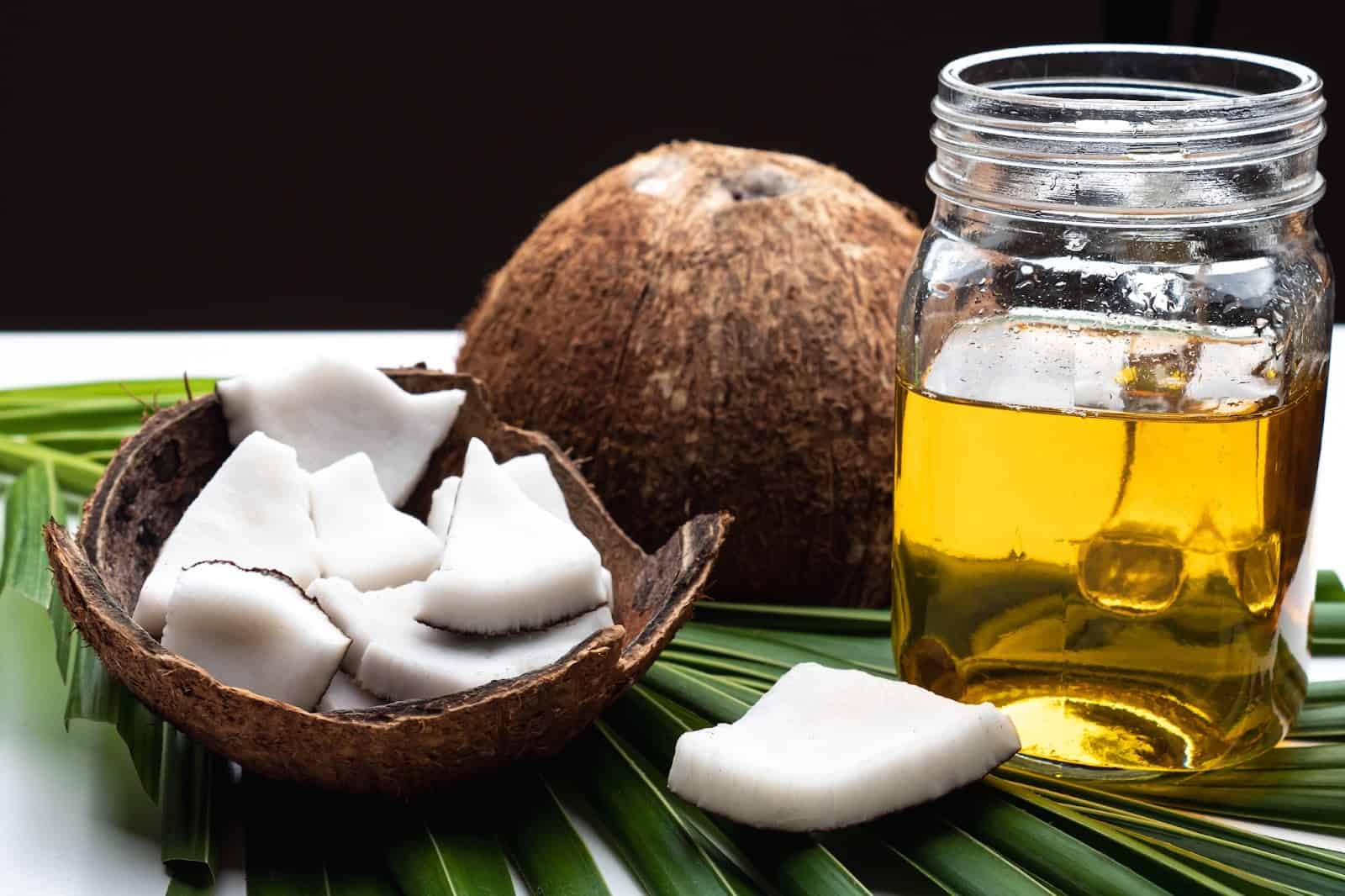 Coconut oil and fresh coconuts for healthy dog grooming & skin care.