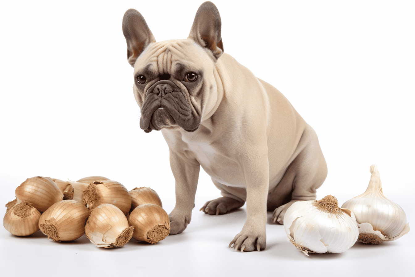Dog with garlic and onions, healthy treats for dogs, pet nutrition.
