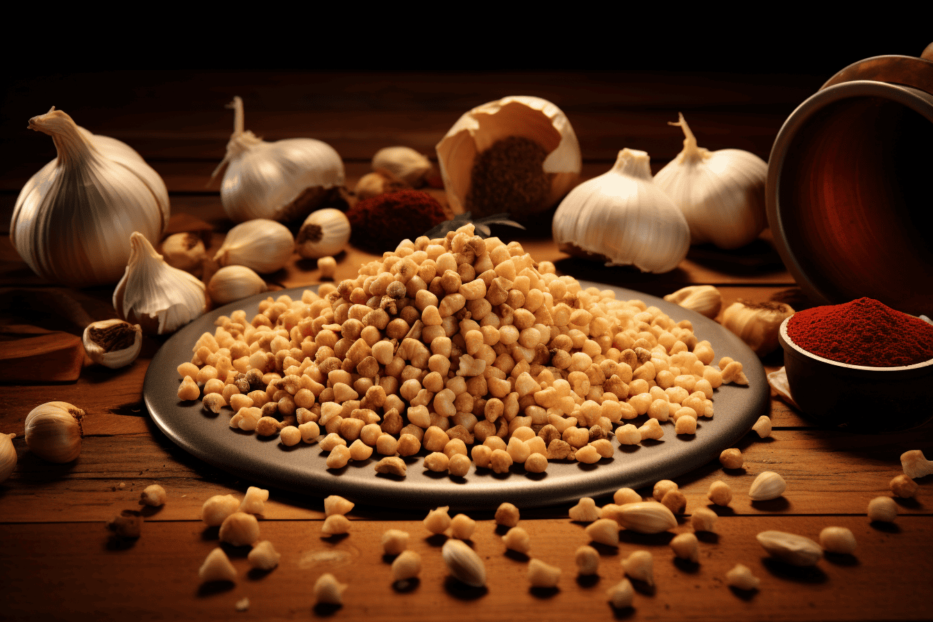Fresh garlic, spices and herbs on wooden table for pet nutrition.