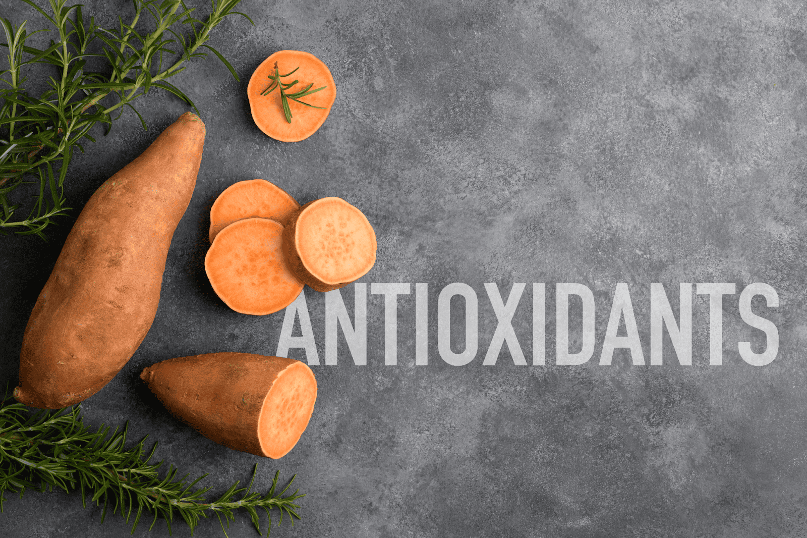 Healthy sweet potatoes with rosemary on a gray background, promoting nutritious dog treats.