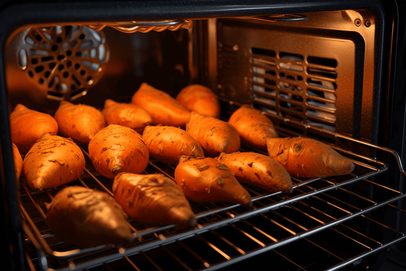 Image of sweet potatoes roasting in an oven oven for healthy meal preparation.
